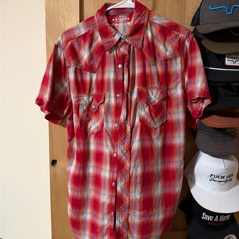 Arizona Jean Company Red and White Plaid Button-Down Shirt